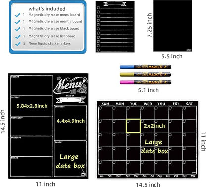 Magnetic Chalkboard Monthly Calendar - Weekly Meal Planning Blackboard Combo Set with Neon Bright Liquid Chalk Markers - Bonus Grocery List and Notepad Blackboard for Refrigerator Included