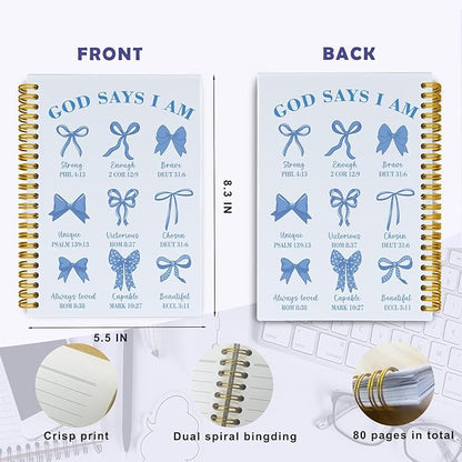 Coquette Blue Bows Bible Notebook,Aesthetic Composition Notebook, God Says I Am Christian Scripture Prayer Journal for Women, Positive Hardcover Spiral Notebooks College Ruled 5.5 x 8.3 (Blue)