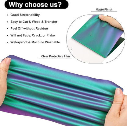 VINYL FROG Chameleon Heat Transfer Vinyl Purple to Green Gradual Transfer Vinyl Roll 12"x5ft with Iron and Heat Press Gradient Change Color HTV for T-Shirt