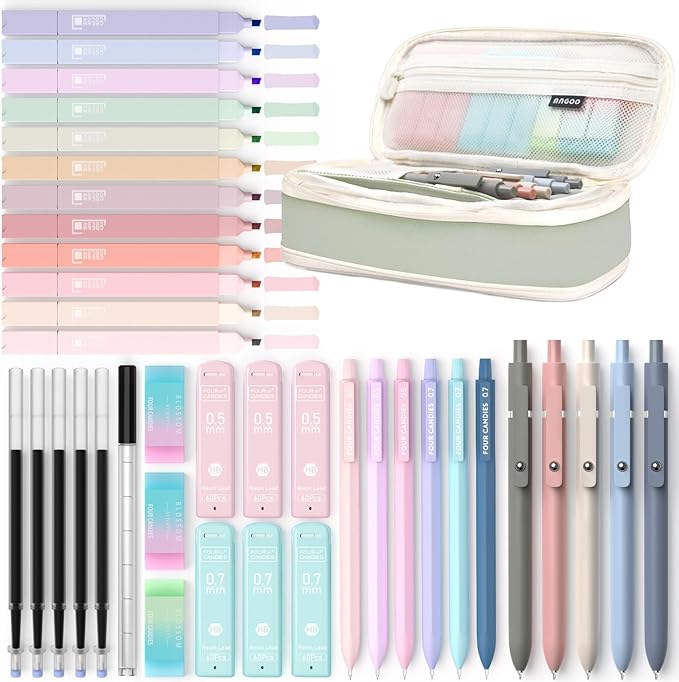 Four Candies 39 PCS Aesthetic School Supplies with Cute Pen Case, 12 Pastel Highlighters, 5 Black Ink Gel Pens, 6 Mechanical Pencils Set 0.5 & 0.7 mm for Students Stationary College Essentials (Green)