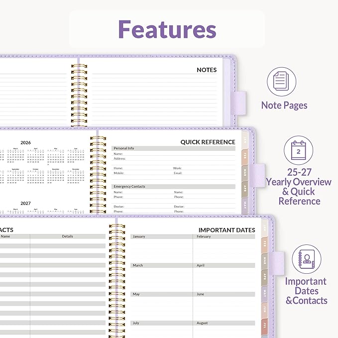 SUNEE 2026 Weekly & Monthly Planner 6.4"x8.5"- 12 Month (January 2026 - December 2026), Vegan Leather Cover, Pocket, Bookmark, Notes, Monthly Tab, Purple
