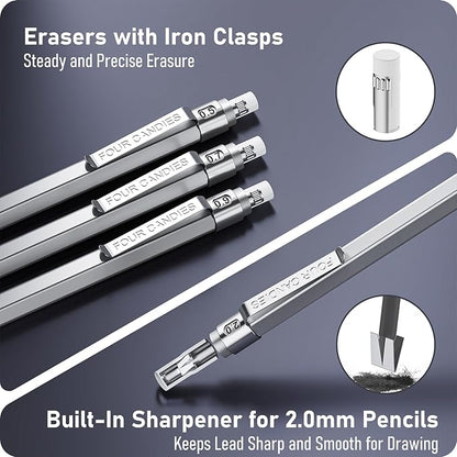 Four Candies Metal Mechanical Pencil Set, 3PCS Art Drafting Pencils 0.5, 0.7, 0.9MM & 2PCS 2MM Mechanical Drawing Pencils with 420PCS Leads (4B 2B HB 2H Color) for Writing Sketching Drawing (Silver)