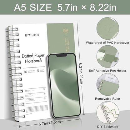 EMSHOI Spiral Notebook Bullet Dotted Journal, A5 Dotted Grid Notebook with 300 Pages, 100gsm Thick Paper, Waterproof Softcover Notebook for School Work Writing, 5.7" × 8.22" - Light Green