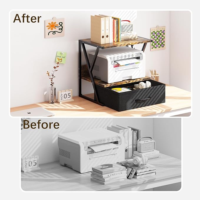 aboxoo Printer Stand For Desk With Storage Drawer, 2 Tier Desktop Or Under Desk Shelf, Multi-Purpose Desk Organizer For Home Office, fit Fax Machine/3D Printer/Scanner, Rustic Brown