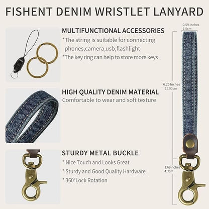 Fishent Denim Wristlet Keychain for Women Men, Cute Key Chain, Wrist Lanyards for Car Keys ID Badge Wallet Card Holder