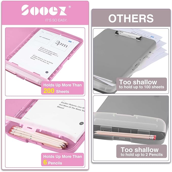Sooez Clipboard with Storage, High Capacity Nursing Clipboards with Pen Holder, Heavy Duty Plastic Storage Clipboard with Low Profile Clip, Teacher Must Haves, School Office Supplies, A4 Letter Size