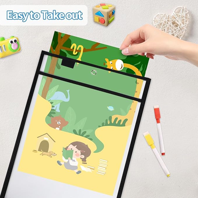 Ufmarine 30 Pcs Dry Erase Pocket Sleeves Black, Job Ticket Holders (10" * 13"), Reusable Plastic Sleeves for Teacher Classroom