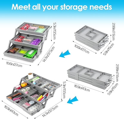 3 Tier Drawer Organizer, Multi Level Smart Drawer Organizer for Desk, Expandable Junk Organizer for Office, Makeup, Jewelry, Kitchen, Folding Storage Organizer for Home and Office Drawers