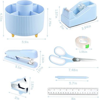 Blue Desk Accessories, Blue Office Supplies 360°Pen Holder Desk Organizers and Accessories with Tape Dispenser, Stapler, Staple Remover, 1000 Staples, Tape, Clips Set, Ruler, Scissor, Pen