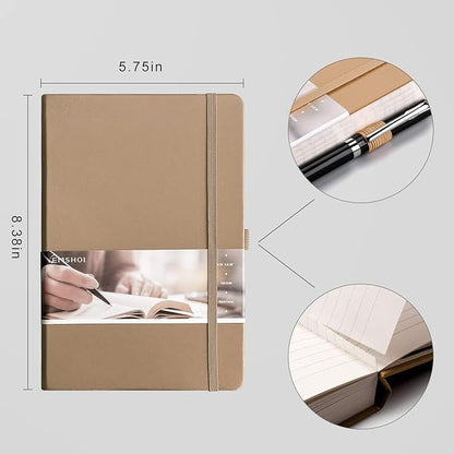 EMSHOI Lined Journaling Notebooks - 120gsm Thick Leather Journal with Sticky Notes, 256 Numbered Pages A5 Hardcover College Ruled Notebook for Women Men Work School Writing, 5.75" x 8.38"-Khaki