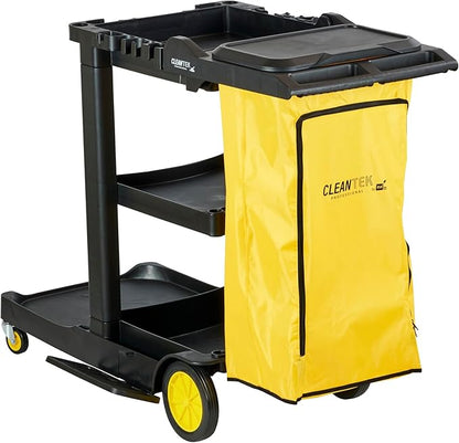 Restaurantware-Clean Tek Professional Janitor Cart with Wheels, 1 Cleaning Trolley with Cover and 21 Gallon Bag - 3 Shelves, Heavy-Duty, Gray Plastic Commercial Janitorial Cart, for Restaurants