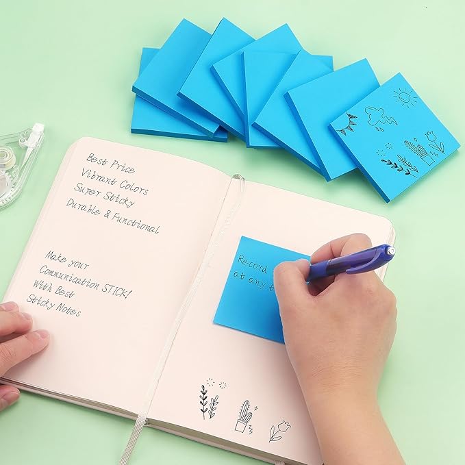 Sticky Notes 3x3 Self-Stick Notes Bright Colors Sticky Notes 8 Pads 80 Sheet/Pad (Blue)
