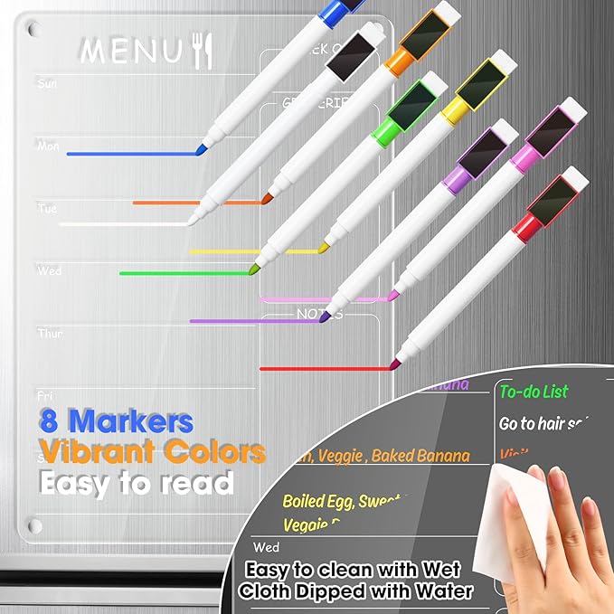 Acrylic Menu Board for Kitchen Weekly Meal Planner Magnetic Planning Board w/ 8 Markers, Clear Weekly Calendar for Fridge Refrigerator Dry Erase Board Noteboard to Do Grocery Shopping List, 12x9’’