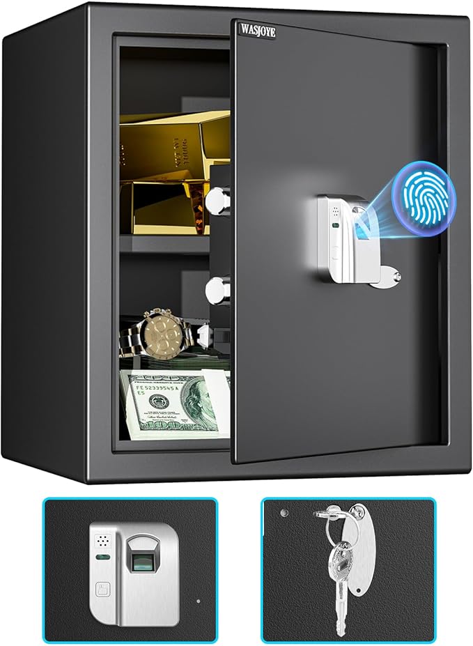 WASJOYE Fingerprint Biometric Safe Box, 2.0 Cu Ft Fireproof Safe Box with Finger Identification Key-Lock, Fingerprint Safe for Home Office Hotel Jewelry Document Passport Valuables Gun Safe Storage
