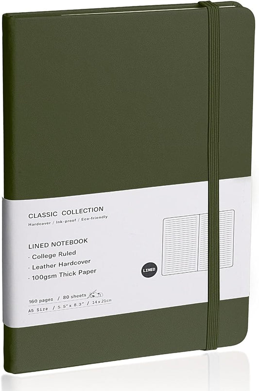 Lined Journal Notebook, (Olive Green), 160 Pages, Medium 5.7 inches x 8 inches - 100 gsm Thick Paper, Hardcover