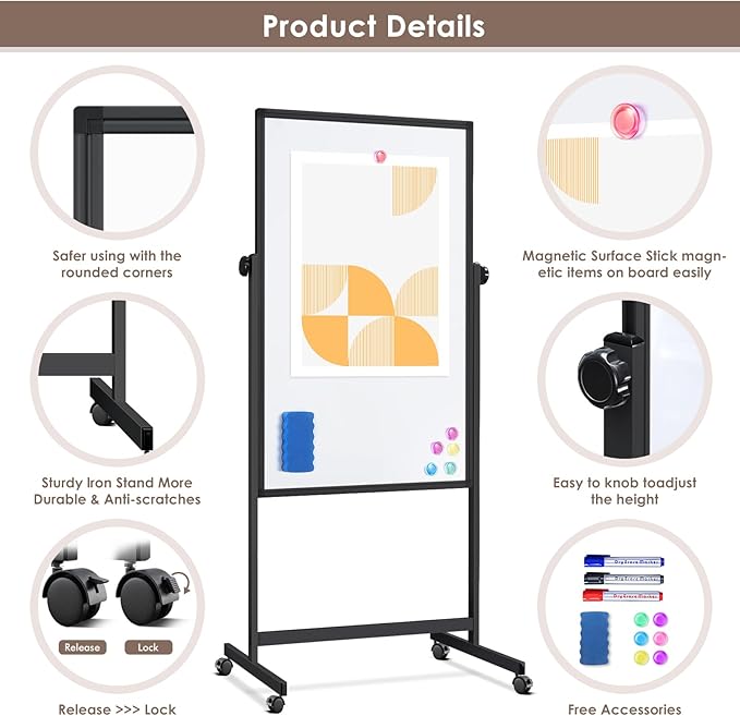 Double Sided Cork Board White Board, 32 x 48 inches Large Cork Board for Office, Height Adjustable Magnetic Dry Erase Board on Wheels, Portable Freestanding Natural Corkboard for Displaying, Planning