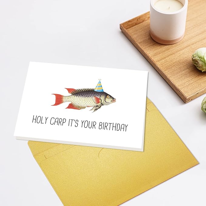 Spercy Funny Pun Birthday Card for Friends, Fishing Carp Birthday Card for Him Her, Humor Fishing Birthday Card, Holy Carp, It's Your Birthday