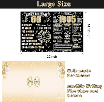 Large 60th Birthday Card With Envelope for Men Women, 1965 Black Gold Happy 60th Birthday Giant Guest Signature Book Gifts, Big Vintage 1965 60th Greeting Card Decoration Party Supplies