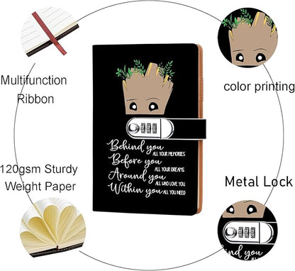 Funny Groot Gifts Leather Combination Lock Notebook Always Remember You’re Braver Than You Believe Leather Locked Journal Notebook Birthday Gifts for Daughter Son (behind you)