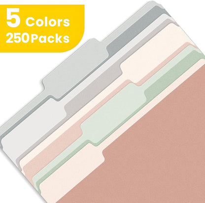 SUNEE File Folders Letter Size Pastel Colors, 250 Pack Manilla Folders 8.5 x 11 1/3-Cut Tabs, Colored File Folders Office Home School for Documents Files Paper