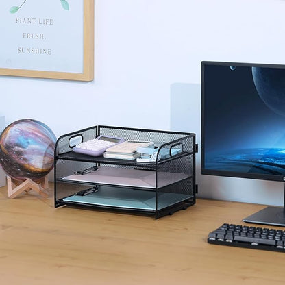 3-Tier Letter Tray Paper Organizer with Handle, Compact Mesh Desk File Organizer for Home Office Supplies Desktop Accessories,Black
