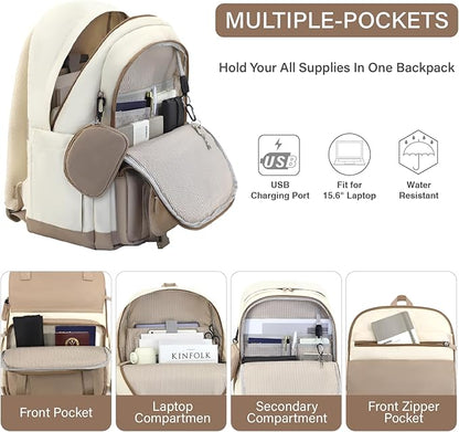 Cute Backpack,15.6 Inch Bookbag for Women,College Backpack for Women with USB Charger and Cute Wallet