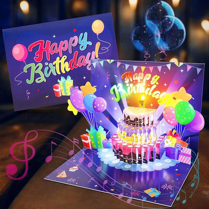 Birthday Cards, Musical Pop Up Birthday Cards with Light, Blow Out LED Light Candle and Play Happy Birthday Music Pop Up Card, Birthday Gifts for Women Men Husband Wife Kids Greeting Cards