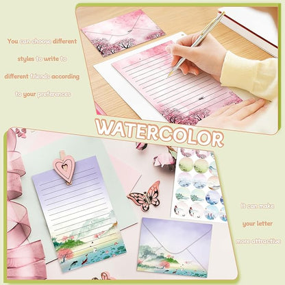 TaoBary 160 Packs Stationery Paper Set (50 Double Sided Stationery Writing Papers 50 Matching Envelopes) 60 Round Dot Sticker, 10 Design(Ink Painting,5.5 x 8.25 Inch)