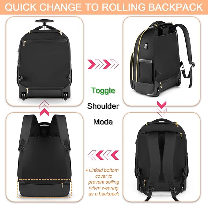 Rolling Backpack Carry On Luggage For Adults With Wheels, 40L Wheeled Backpack For Women, Travel Roller Backpack, Rolling Bag, Black Gold