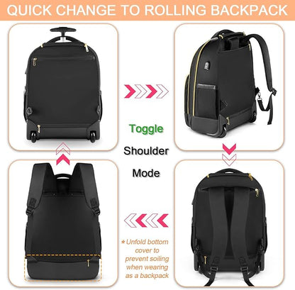 Rolling Backpack Carry On Luggage For Adults With Wheels, 40L Wheeled Backpack For Women, Travel Roller Backpack, Rolling Bag, Black Gold