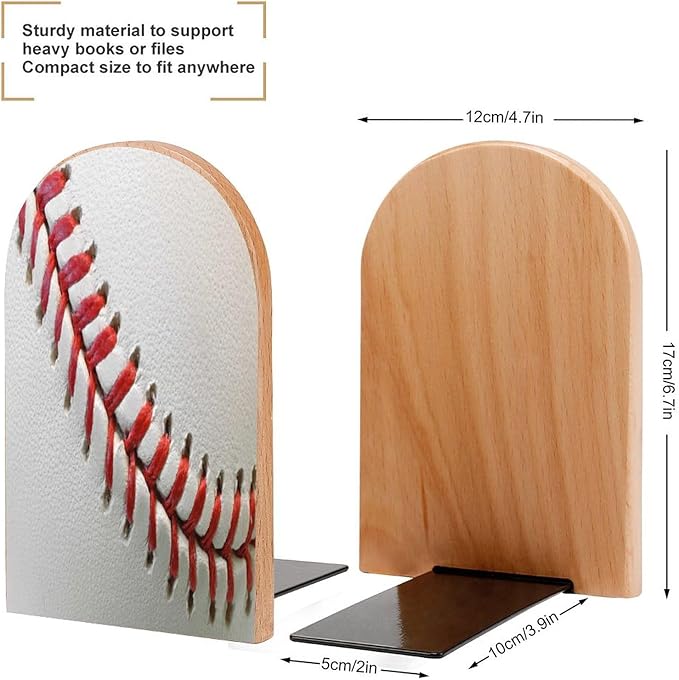 Sport Ball Baseball Lace Wooden Large Book Ends Bookends for Shelves, 2 Pack Non-Skid Bookends for Heave Books, Book Stoppers Holders for Kitchen Office Library, 6.7x4.7x3.9in