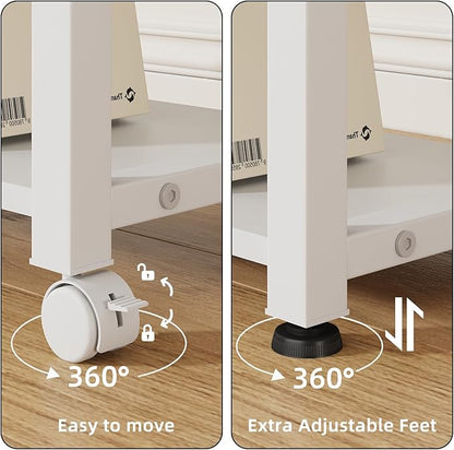 22"x15" Large Printer Stand with Storage Drawer and Side Bag, 3-Tier Height Adjustbale Printer Table for Home Office, Rolling Printer Cart fit Heat Press/Laser printer/3D Printer(White)