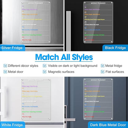 Acrylic Weekly Planner Board Meal Planner Magnetic Menu Board for Kitchen Fridge w/ 8 Markers, Clear Weekly Calendar Planning Dry Erase Board Noteboard to Do Grocery Shopping List, 12x9’’