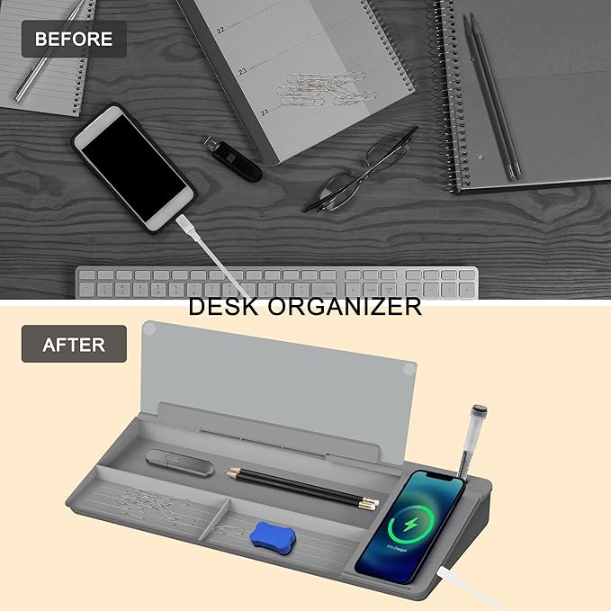 SELEAD Desktop Glass Whiteboard with Wireless Charger Station, Dry Erase White Board Computer Pad Keyboard Stand with Organizer for Home, School, Office Desk Accessories, Gray