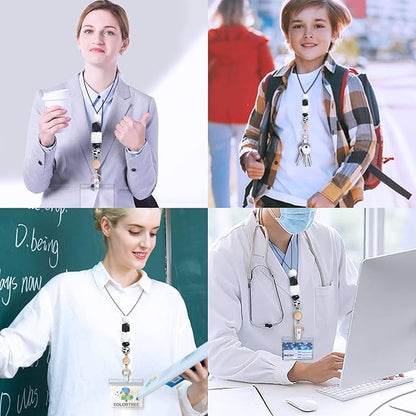 2PCS Retractable Lanyards for ID Badges and Keys, Cute Breakaway Teacher Lanyard with Badge Holders and Reels, Silicone Beaded Lanyard for Women, Nurses, Office with 4 Waterproof Card Holders