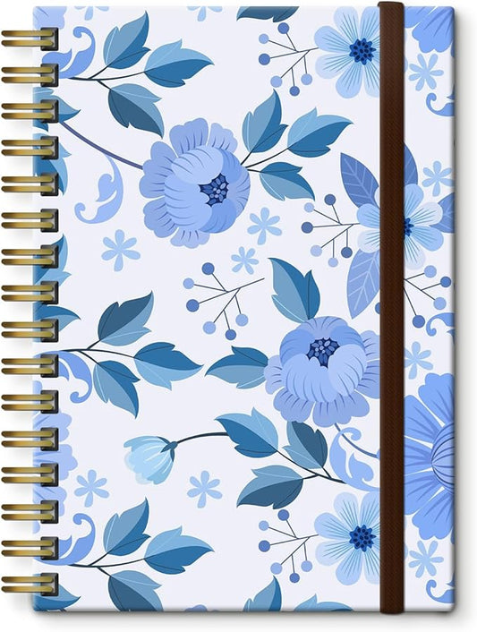 Spiral Journal Notebook, A5 Cute Notebooks for Women Men, College Ruled Hardcover Notebook for Work & Note Taking, 60 Pages Double-Wire Journals for Writing Cute Blue Flowers