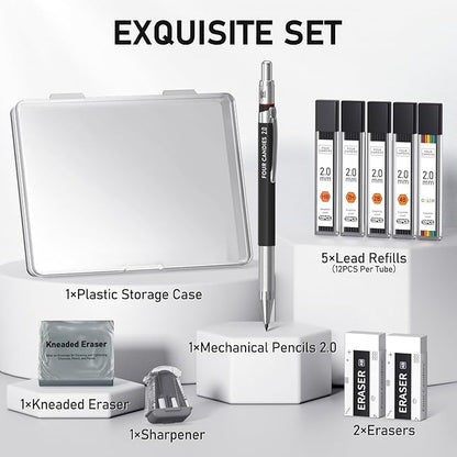 Four Candies 2MM Mechanical Pencil Set with case, Artist Lead Pencil Metal Lead Holder with 60PCS Graphite Lead Refill (HB, 2H, 2B, 4B, Color) kneaded eraser, Sharpener for Writing, Drawing, Sketching