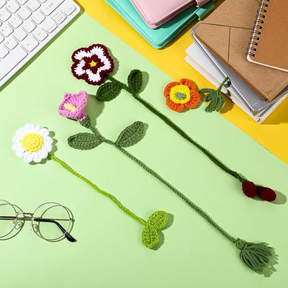 Harloon 4 Pieces Christmas Book Lover Gifts Flowers Crochet Bookmark Book Lovers Bookmarks Handmade Knitted Book Marker Curtain Tiebacks Holdbacks Car Ornaments for Readers Writers Library(Cute)