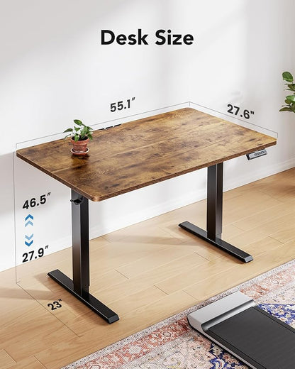 HUANUO 55" x 28" Electric Standing Desk Adjustable Height, 4 Memory Height Settings, Headphone Hook, Cable Manager, Sit Stand Up Desk for Home Office & Computer Workstation, Vintage Brown