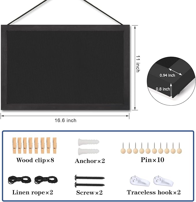 Miratino Pin Board Bulletin Board, 16 "x11 Black Linen Cork Boards for Walls with Black Frame ，Vision Board for Home Kitchen School Office Decor