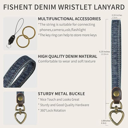 Fishent Denim Wristlet Keychain for Women Men, Cute Key Chain, Wrist Lanyards for Car Keys ID Badge Wallet Card Holder