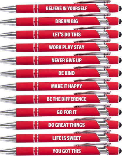 Funny Pens, 12 Pcs Pens Fine Point Smooth Writing Pens, Inspirational Ballpoint Pens with Screens Touch Stylus Tips, Red Ink 1.0 Mm Pens Gift Office Desk Accessories, Motivational Stylus Pens