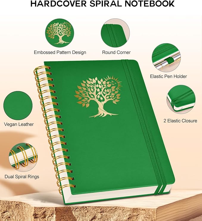 Spiral Notebook Journal for Women Men, 300 Numbered Lined Pages, College Ruled, A5 Hardcover Spiral Bound Notebook for School, Work, Note Taking Writing, Leather Spiral Journal Medium 5.9"x8.5"