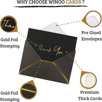 Heavy Duty Thank You Cards with Envelopes - 36 PK - Gold Thank You Notes 4x6 Inches Baby Shower Thank You Cards Wedding Thank You Cards Small Business Graduation Funeral Bridal Shower (Night Black)