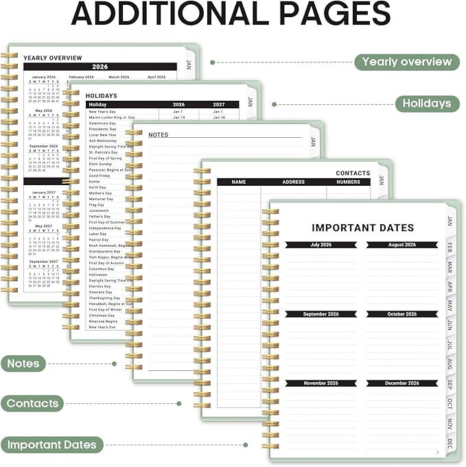 2026 Planner, Weekly and Monthly Calender Planner, Jan 2026 to Dec 2026, Hardcover 2026 Calendar Planner Book with Tabs & Inner Pocket, Office Home School Supplies for Women & Men - A5 (6.3" x 8.5"), Mint