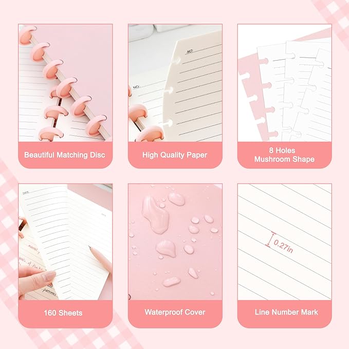 Discbound Notebook, 8-Disc Disbound Planner with Removable Pages, 180 Pages Spiral Notebook, Poly Cover Discbound Planner for Work, Travel, Note Taking(With Index Sticker),Pink,A5