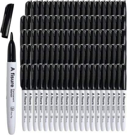 100 Pack Black Permanent Felt Waterproof Markers, Fine Point, Fade Resistant, Writes on Plastic, Metal, Glass, and Stone.