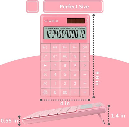 VEWINGL Laptop Keyboard Calculator 12 Digit,Dual Power Battery and Solar,Desk Calculator with Large LCD Display for Office,School, Home & Business Use,Tablet Button,Automatic Sleep.6.5 * 4 in (Pink)