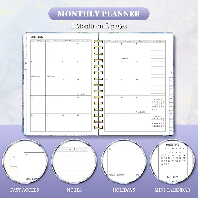 2026 Planner, A5 Weekly and Monthly Planners with Tabs, Spiral Bound Daily Calendar 2026 Planner, Agenda Organizers from Jan. to Dec., Hardcover Habit Tracker Journal 6.18" x 8.5"(Blue Marble)