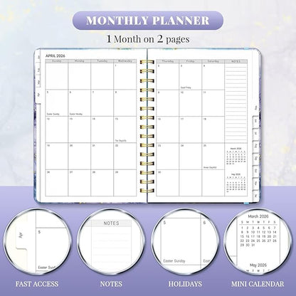 2026 Planner, A5 Weekly and Monthly Planners with Tabs, Spiral Bound Daily Calendar 2026 Planner, Agenda Organizers from Jan. to Dec., Hardcover Habit Tracker Journal 6.18" x 8.5"(Blue Marble)